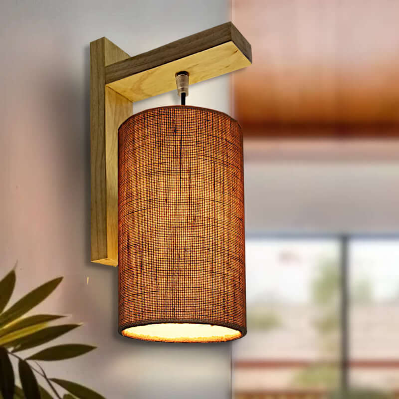 Wall-light-wooden-fixture-with-jute-cylinder-lamp-shade